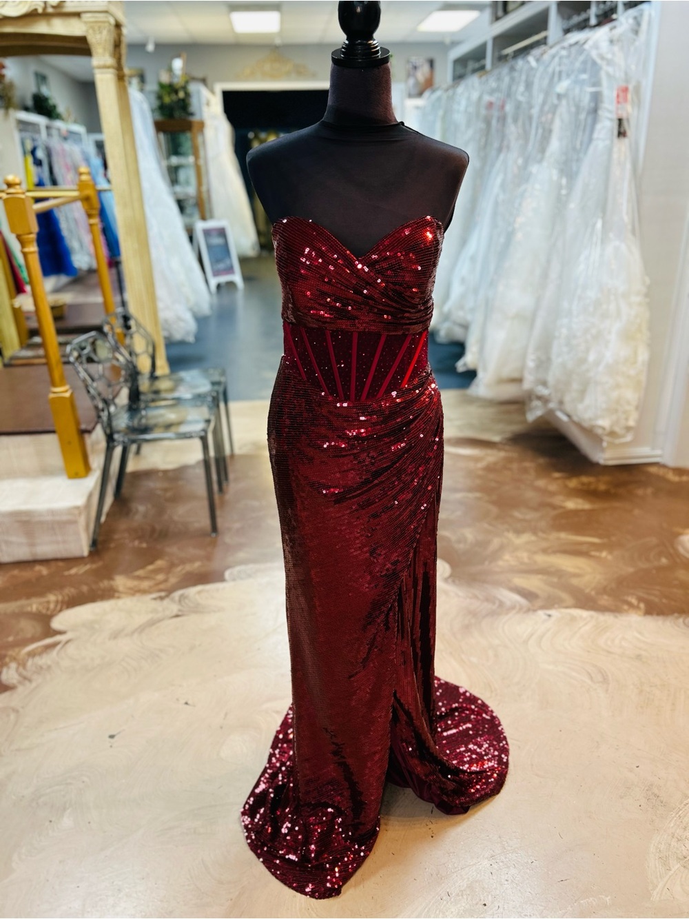 Alyce Paris Strapless Sequin Column Gown in Deep Red